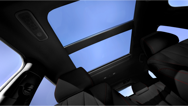 A Panoramic Moon Roof is shown from a ground up perspective.   