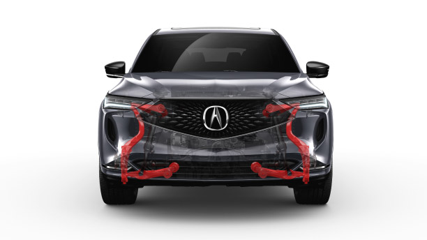 Front view of an MDX highlighting the Double Wishbone through the body. // Vue de face d'un MDX mettant en évidence le Double Wishbone à travers le corps.