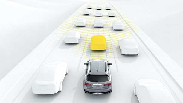 An illustrated image of a silver Acura SUV seen from behind on a white highway. The vehicle is surrounded by white vehicles simulating traffic, while yellow sensor lines emanate from the front of the SUV to demonstrate proximity warnings to a yellow car in front. 	Illustration d’un VUS Acura argenté vu de l’arrière sur une autoroute blanche. Le véhicule est entouré de véhicules blancs qui simulent la circulation. Les lignes jaunes qui jaillissent de l’avant du VUS simulent la portée des capteurs de proximité par rapport au véhicule jaune qui le devance.
